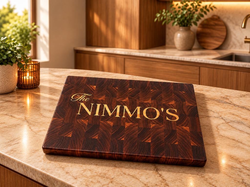 End Grain Walnut Cutting Board with Maple Family Name Inlay