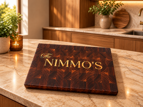 End Grain Walnut Cutting Board with Maple Family Name Inlay