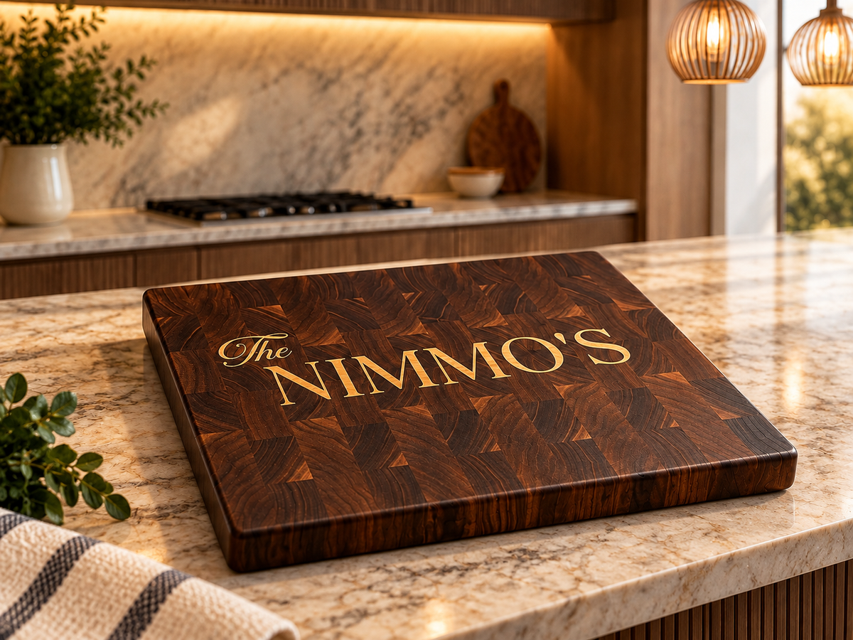 End Grain Walnut Cutting Board with Maple Family Name Inlay