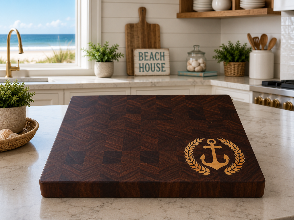 End Grain Walnut Cutting Board with Maple Anchor Inlay