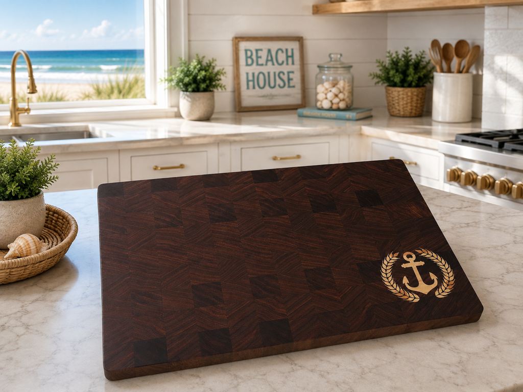 End Grain Walnut Cutting Board with Maple Anchor Inlay