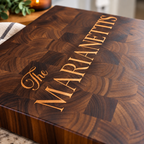 End Grain Walnut Cutting Board with Maple Family Name Inlay